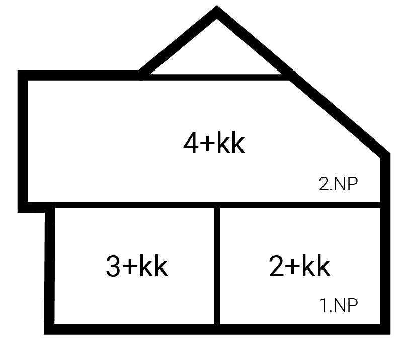 Schéma domu Dům A: 3+kk a 2+kk vedle sebe v 1. NP, 4+kk ve 2. NP